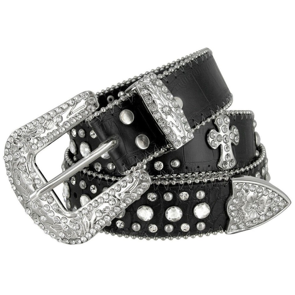50121 Rhinestone Cross Western Leather Belt XL Black Bling Cowgirl Biker Rock